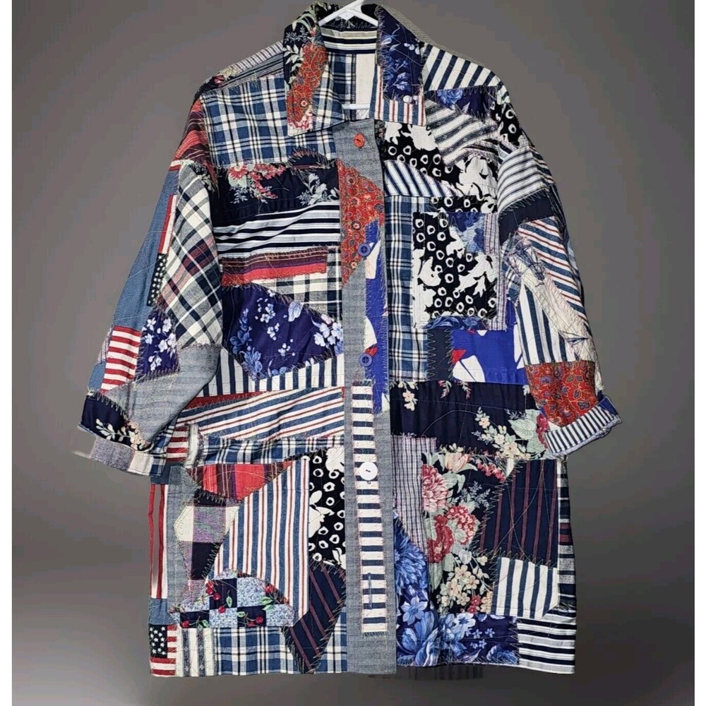 Vintage Patchwork Jacket Coat Patriotic Punk Long Funky Unique Upcycled Material
